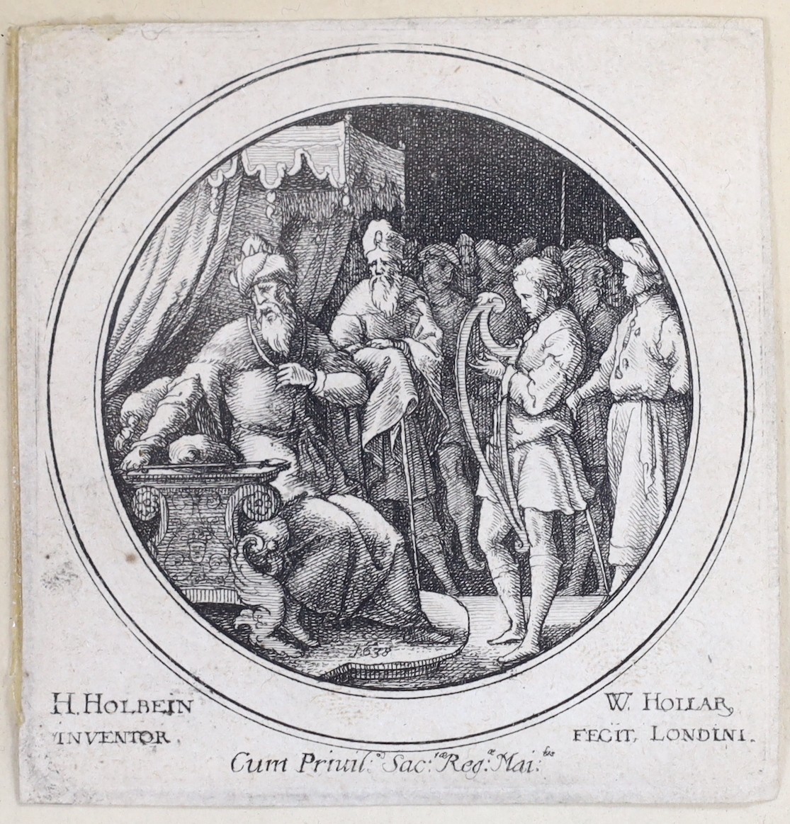 Wenceslaus Hollar after Hans Holbien the younger, drypoint etching second state c.1638, ’David before Saul’’, trimmed close to the margins, overall 6 x 6cm